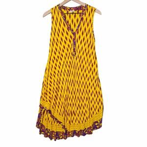Seven Islands Yellow Floral Purple Trim Sleeveless Midi Dress Women’s Size M